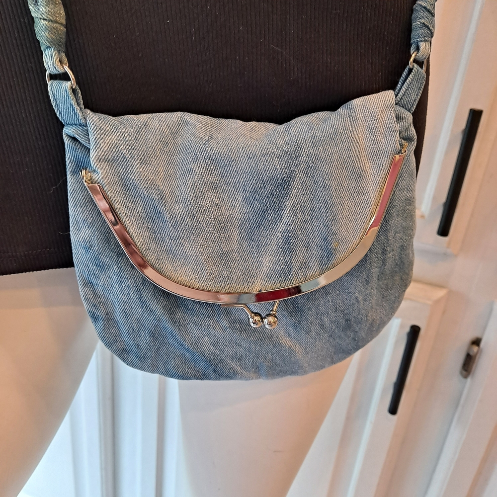 Olsenboye Light Blue Distressed Denim Mini Hobo Crossbody Bag with Silver Accent